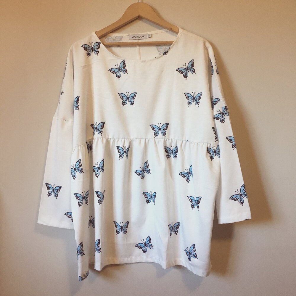 MISSLOOK 3X White Blue Butterfly Print Linen Cotton Babydoll Blouse Fairy Top